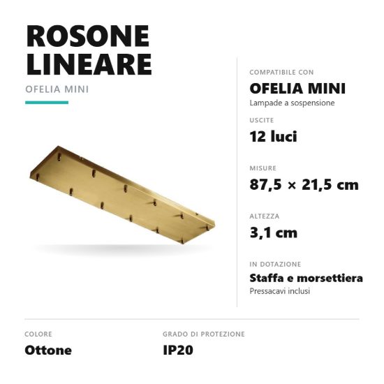 Gea luce ofelia rosone lineare 12 fori per lampade a sospensione ottone