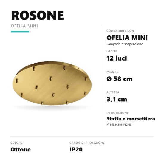 Gea luce ofelia rosone tondo 12 fori per lampade a sospensione ottone