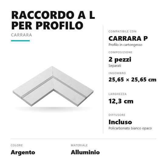 Gea luce pcala1 raccordo a l per profilo da incasso carrara p integrato in cartongesso argento
