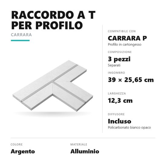 Gea luce pcala1 raccordo a t per profilo da incasso carrara p integrato in cartongesso argento