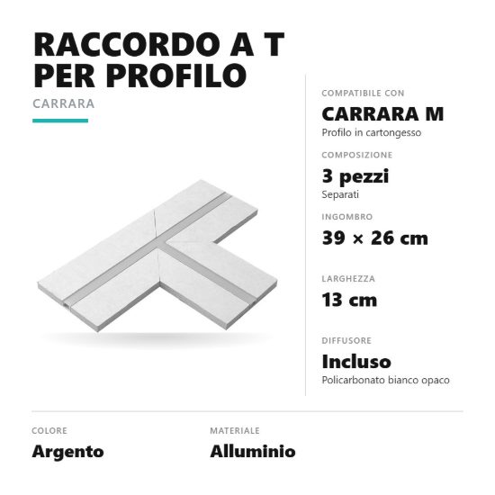 Gea luce pcala1 raccordo a t per profilo da incasso carrara m integrato in cartongesso argento