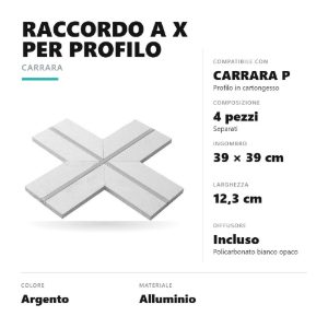 Gea luce pcala1 raccordo a x per profilo da incasso carrara p integrato in cartongesso argento