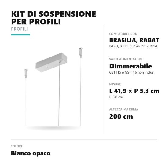 Gea luce pkisdb kit di sospensione per profili con vano per alimentatori dimmerabili bianco