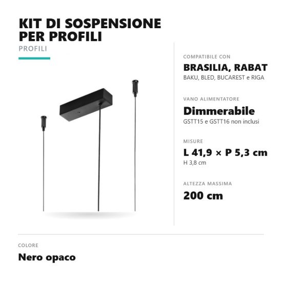 Gea luce pkisdb kit di sospensione per profili con vano per alimentatori dimmerabili nero