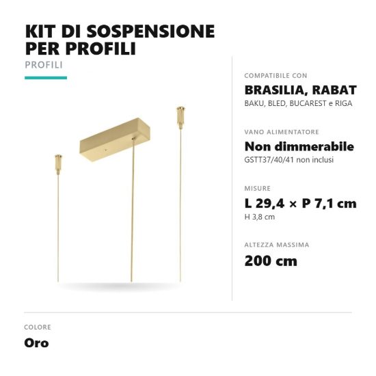 Gea luce pkisndb kit di sospensione per profili con vano per alimentatori non dimmerabili oro