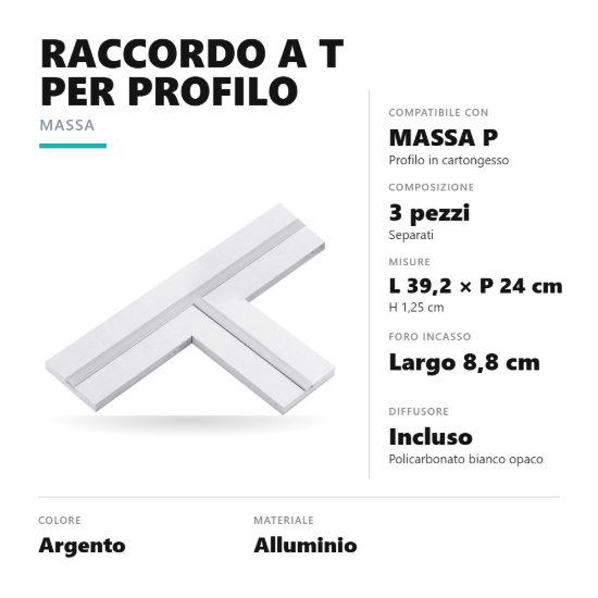 Gea luce pmata1 raccordo a t per profilo da incasso massa p in pannello di cartongesso argento