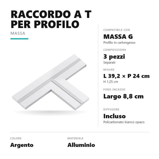 Gea luce pmata1 raccordo a t per profilo da incasso massa g in pannello di cartongesso argento
