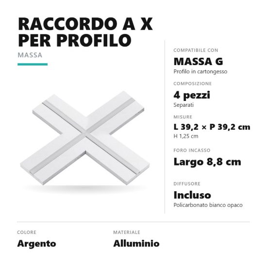 Gea luce pmaxa1 raccordo a x per profilo da incasso massa g in pannello di cartongesso argento