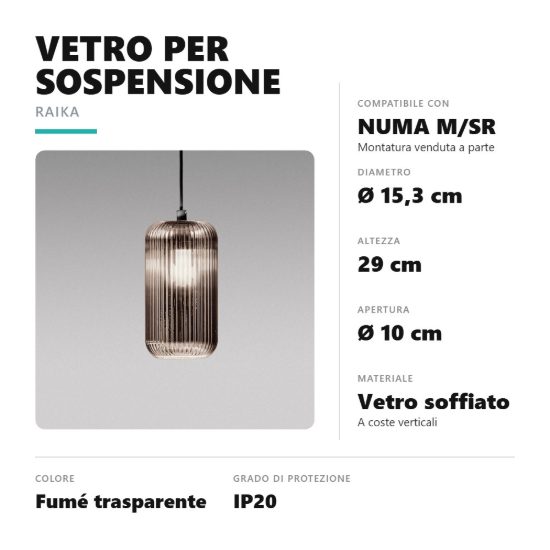 Gea luce raika diffusore grande in vetro per lampade a sospensione cilindrico fume trasparente