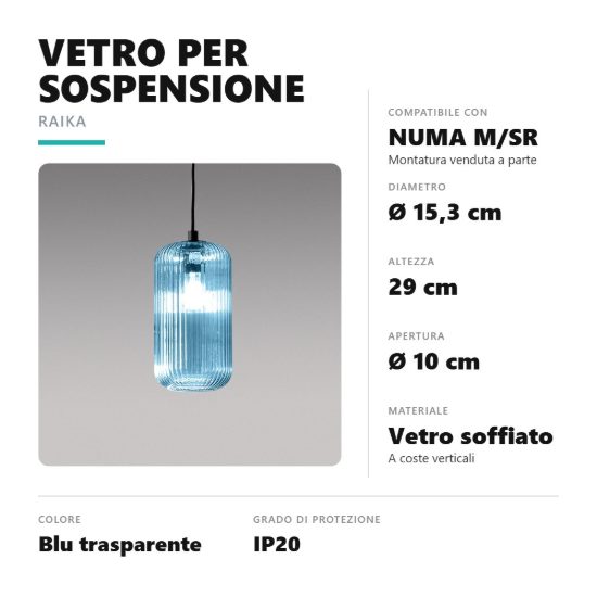 Gea luce raika diffusore grande in vetro per lampade a sospensione cilindrico blu trasparente