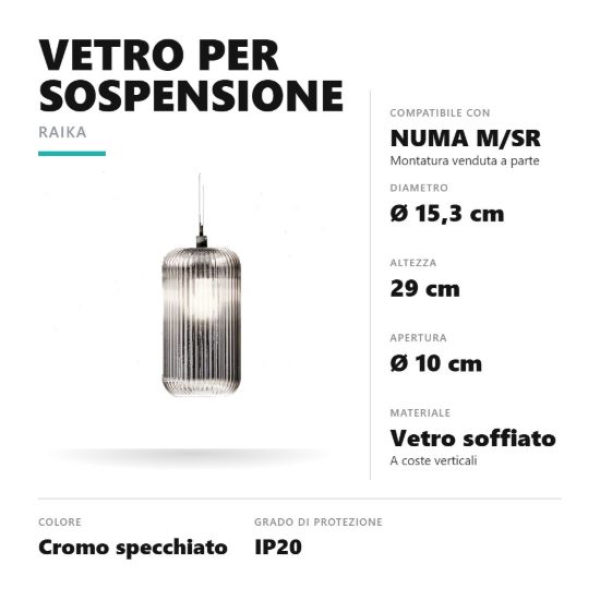 Gea luce raika diffusore grande in vetro per lampade a sospensione cilindrico cromo specchiato