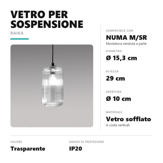 Gea luce raika diffusore grande in vetro per lampade a sospensione cilindrico trasparente