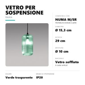 Gea luce raika diffusore grande in vetro per lampade a sospensione cilindrico verde trasparente