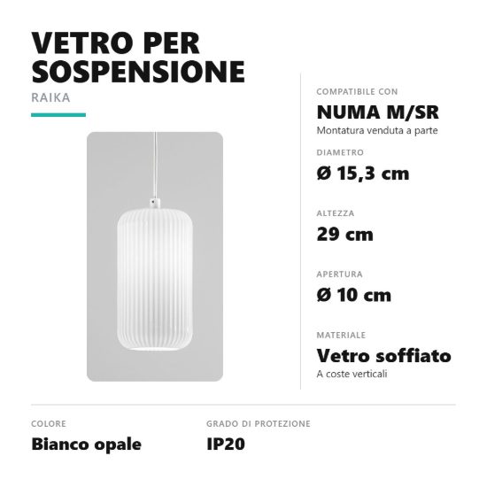 Gea luce raika diffusore grande in vetro per lampade a sospensione cilindrico bianco opale