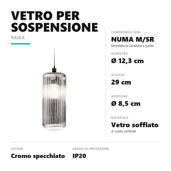 Gea luce raika diffusore piccolo in vetro per lampade a sospensione cilindrico cromo specchiato