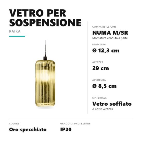 Gea luce raika diffusore piccolo in vetro per lampade a sospensione cilindrico oro specchiato