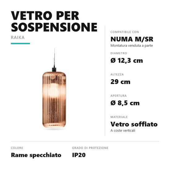 Gea luce raika diffusore piccolo in vetro per lampade a sospensione cilindrico rame specchiato