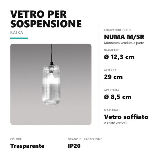 Gea luce raika diffusore piccolo in vetro per lampade a sospensione cilindrico trasparente