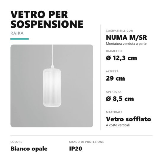 Gea luce raika diffusore piccolo in vetro per lampade a sospensione cilindrico bianco opale