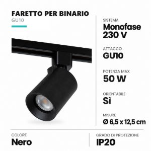 Faretto per binario monofase cilindrico gu10 orientabile nero