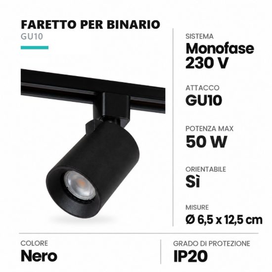 Faretto per binario monofase cilindrico gu10 orientabile nero