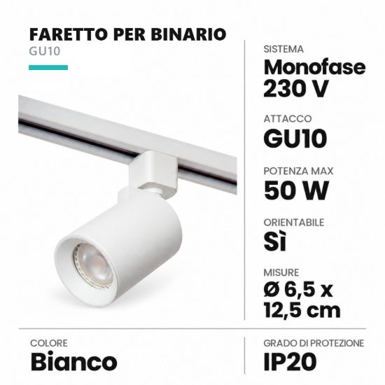 Faretto per binario monofase cilindrico gu10 orientabile bianco