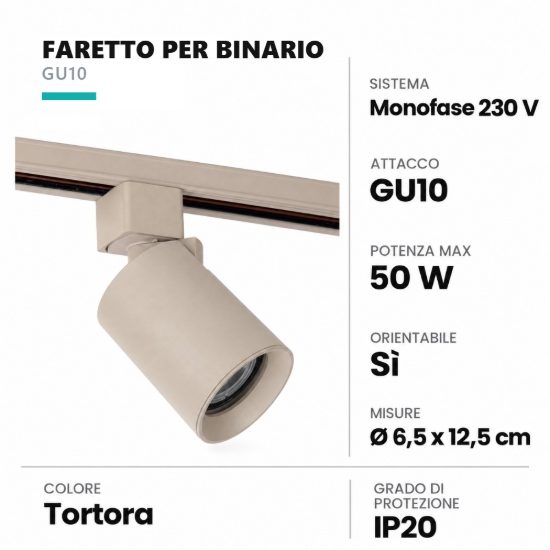 Faretto per binario monofase cilindrico gu10 orientabile tortora