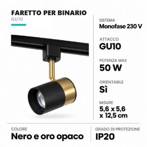 Faretto per binario monofase cilindrico gu10 orientabile nero oro
