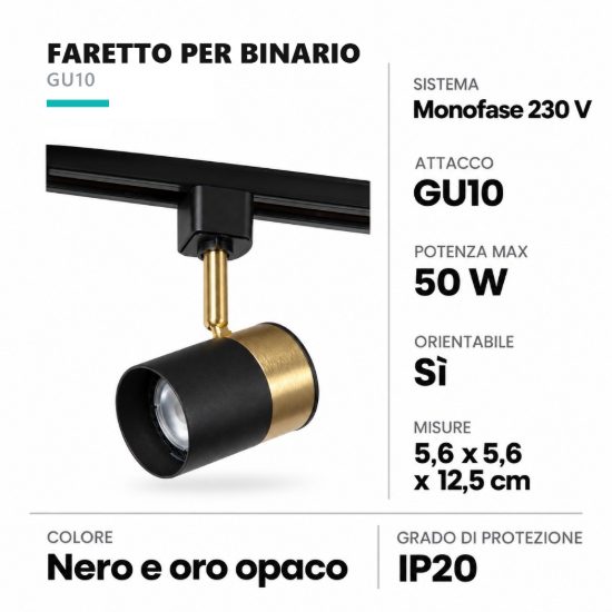 Faretto per binario monofase cilindrico gu10 orientabile nero oro