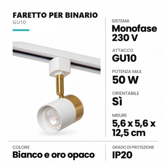 Faretto per binario monofase cilindrico gu10 orientabile bianco oro