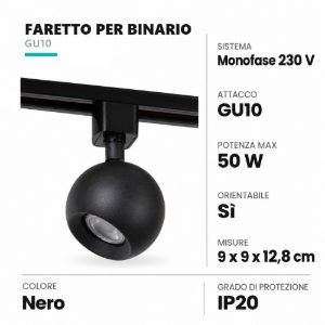 Faretto per binario monofase sferico gu10 orientabile nero