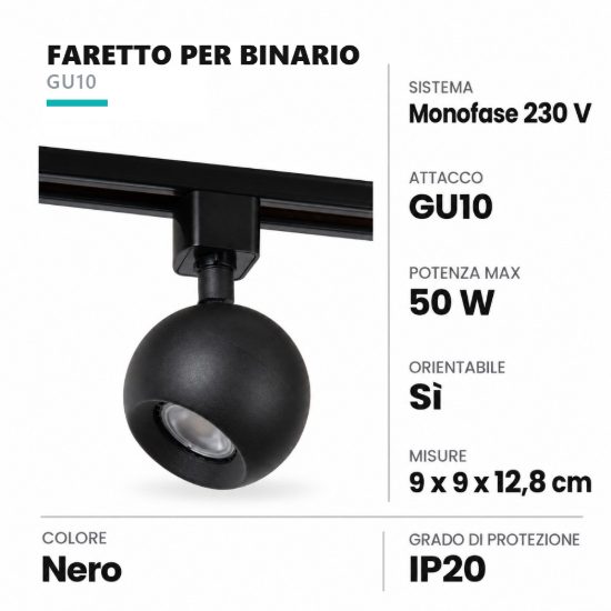Faretto per binario monofase sferico gu10 orientabile nero