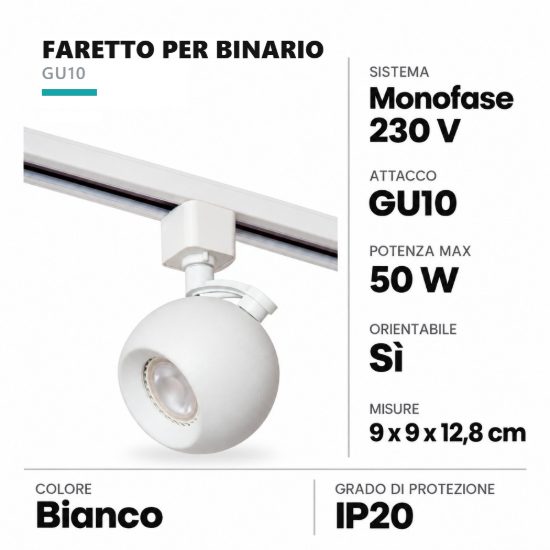 Faretto per binario monofase sferico gu10 orientabile bianco