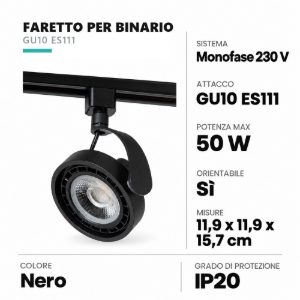 Faretto per binario monofase gu10 es111 orientabile nero