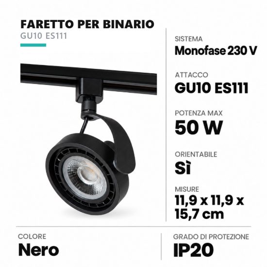 Faretto per binario monofase gu10 es111 orientabile nero