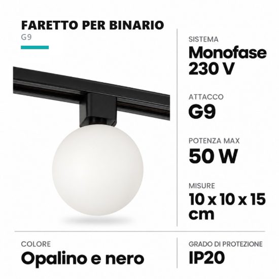 Faretto per binario monofase a sfera in vetro g9 opalino nero