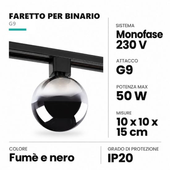 Faretto per binario monofase a sfera in vetro g9 fume nero