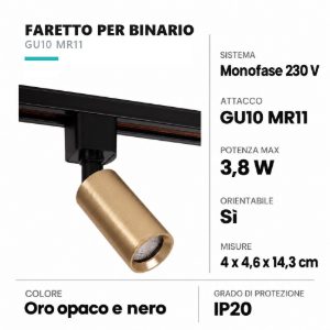 Faretto per binario monofase cilindrico gu10 mr11 orientabile oro nero