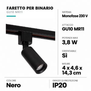 Faretto per binario monofase cilindrico gu10 mr11 orientabile nero