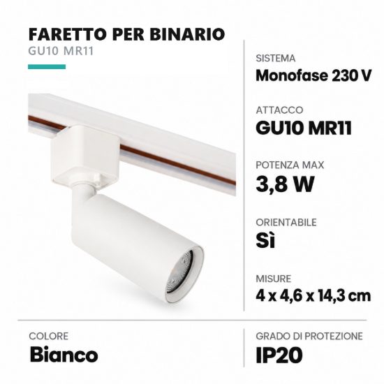 Faretto per binario monofase cilindrico gu10 mr11 orientabile bianco