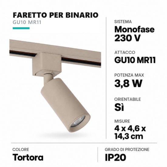 Faretto per binario monofase cilindrico gu10 mr11 orientabile tortora