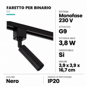 Faretto per binario monofase cilindrico g9 orientabile nero