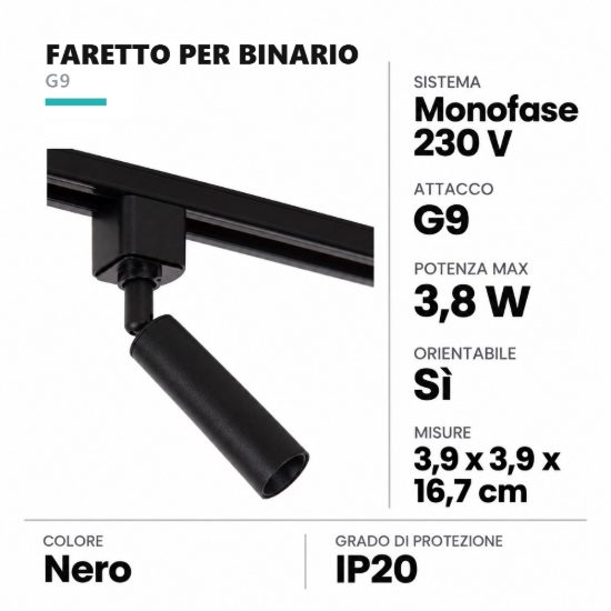 Faretto per binario monofase cilindrico g9 orientabile nero