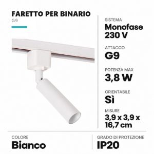 Faretto per binario monofase cilindrico g9 orientabile bianco