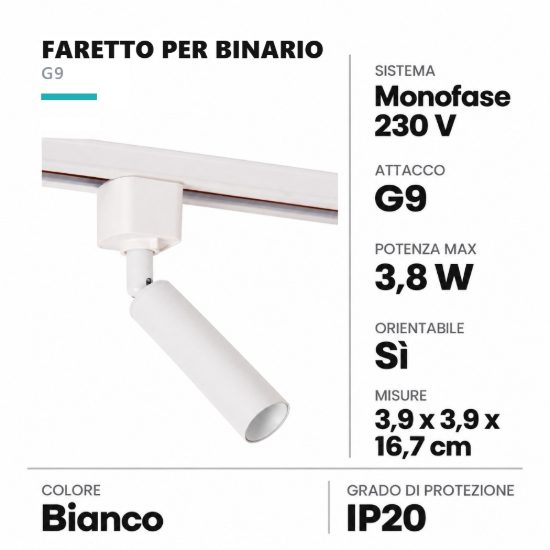 Faretto per binario monofase cilindrico g9 orientabile bianco