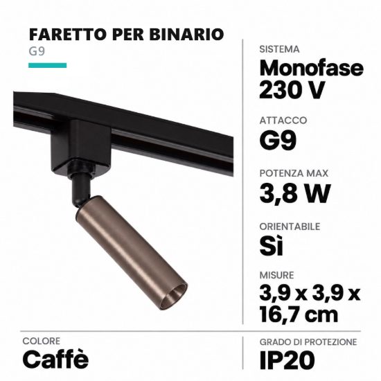 Faretto per binario monofase cilindrico g9 orientabile caffe