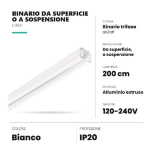 Ideal lux link binario trifase da superficie o a sospensione 2m on-off bianco