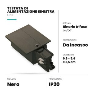 Ideal lux link testata di alimentazione sinistra per binario trifase da incasso on-off nera