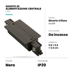 Ideal lux link giunto di alimentazione centrale per binario trifase da incasso on-off nero