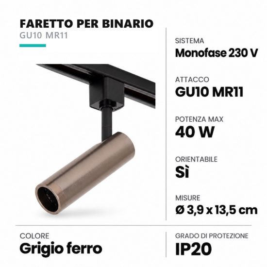 Faretto per binario monofase mini cilindrico gu10 mr11 orientabile grigio ferro